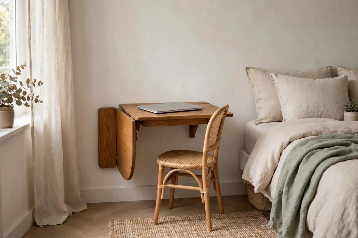 19 Tiny Bedroom Office Ideas That Fit Even the Smallest Room 18 Wooden drop-leaf table half opened against a bedroom wall with a laptop