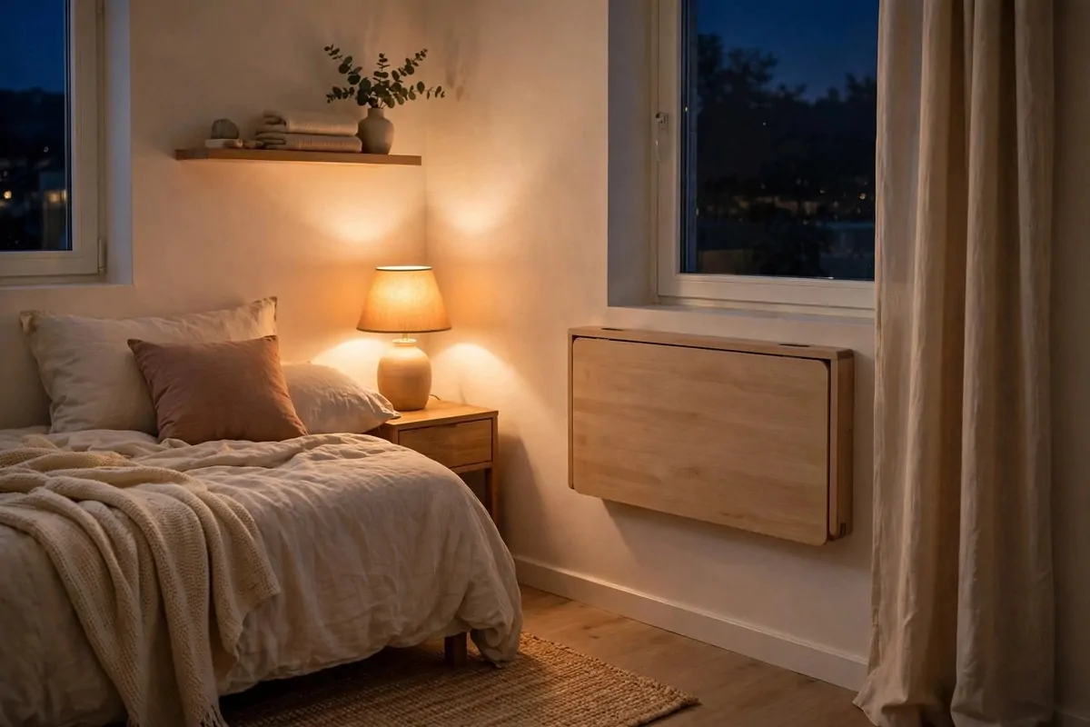 19 Tiny Bedroom Office Ideas That Fit Even the Smallest Room 19 Tidy bedroom at night with a folded desk and only a closed laptop on it