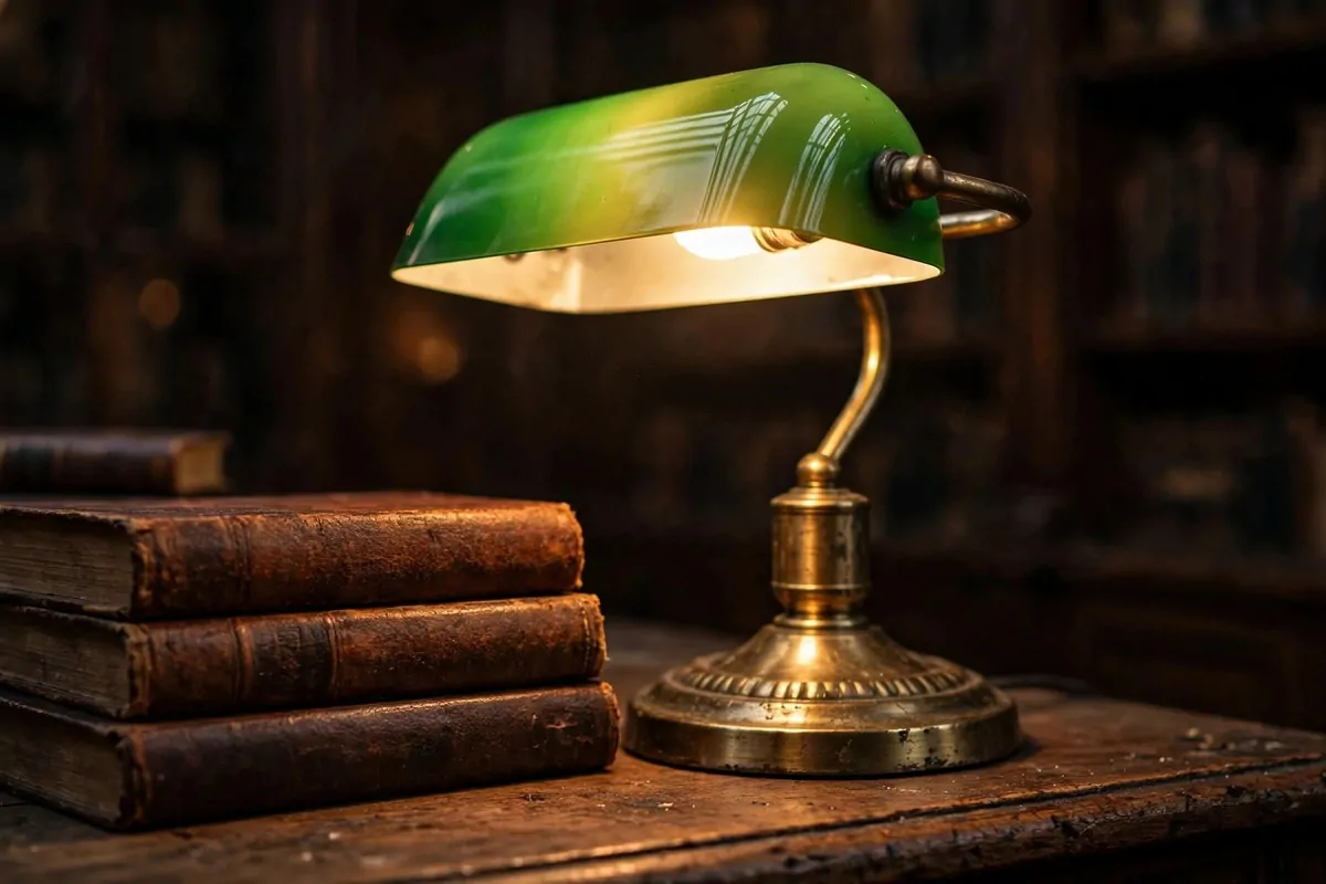 Brass banker's lamp with green glass shade glowing on a wooden desk