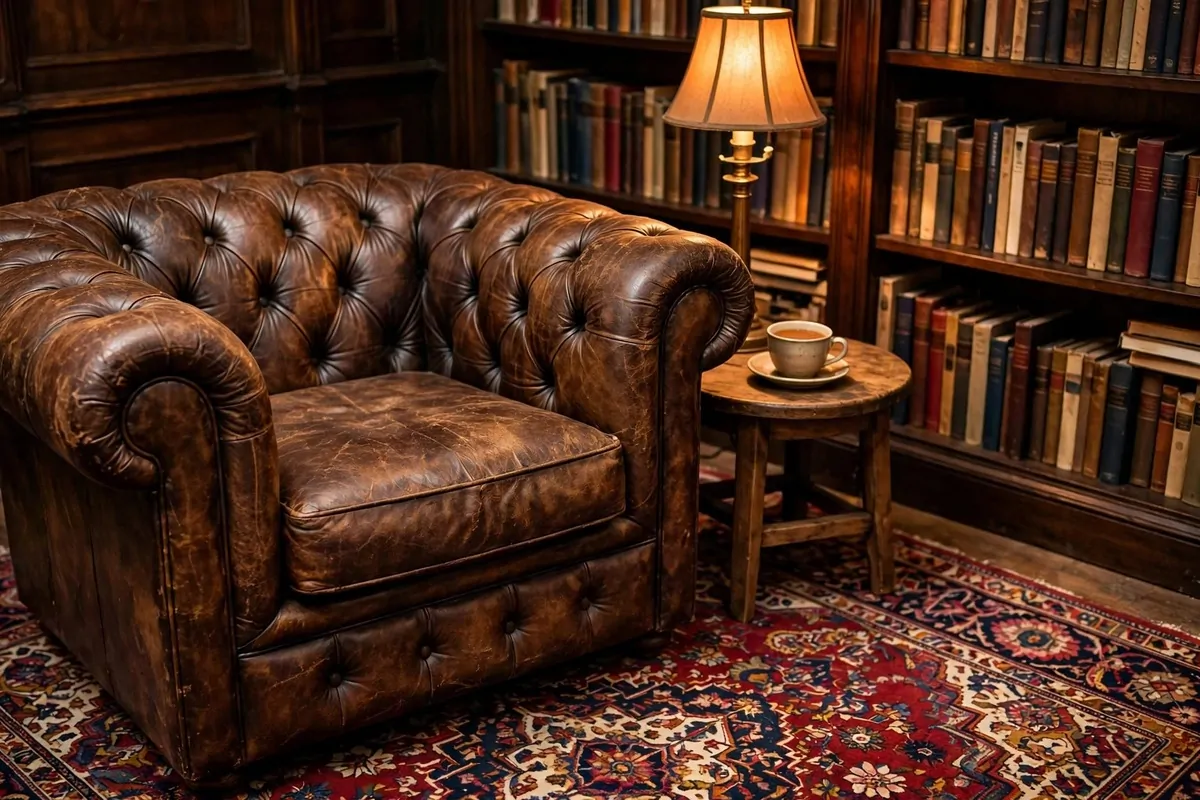 Worn brown leather Chesterfield reading chair by bookshelves