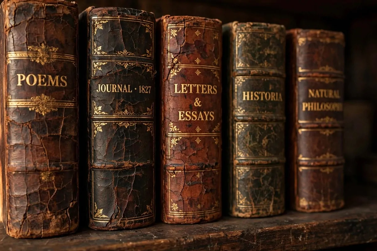Antique leather-bound books with gold lettering on a shelf