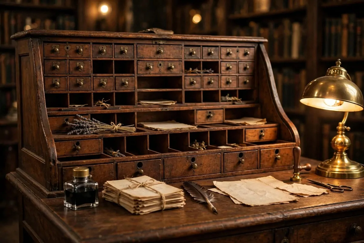Antique roll-top writing desk with drawers and an inkwell