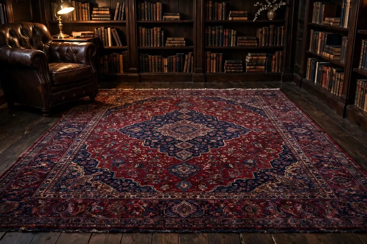 Ornate Persian rug in burgundy and navy on a dark library floor