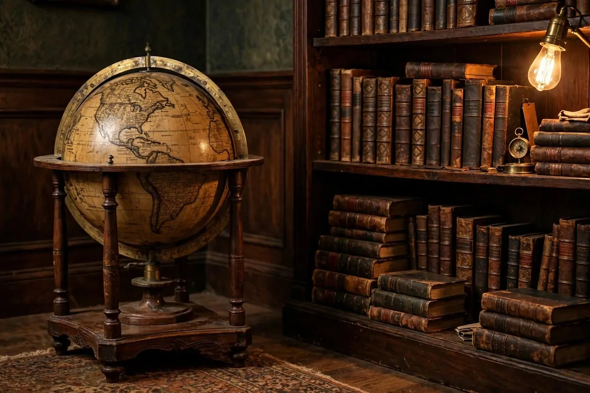 Antique brass floor globe beside a dark wooden bookshelf
