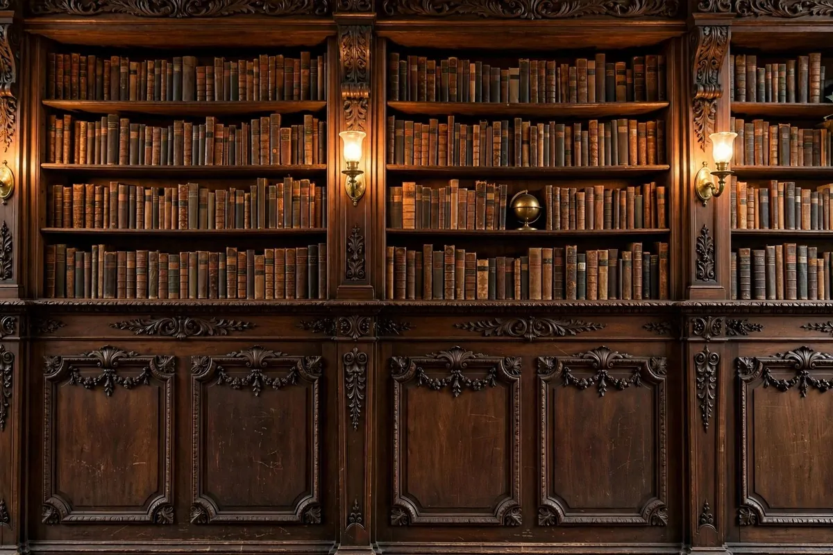 Dark wood wainscoting panels on a vintage library wall