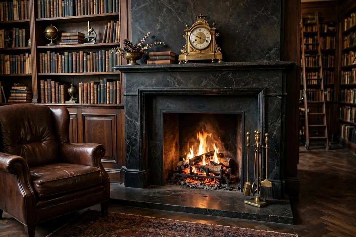 Fireplace with dark marble mantel burning softly in a library room