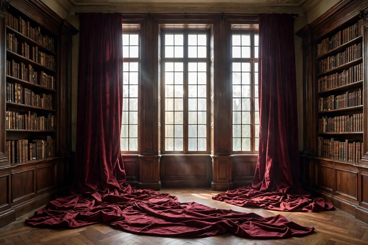Tall windows with heavy burgundy velvet curtains in a library