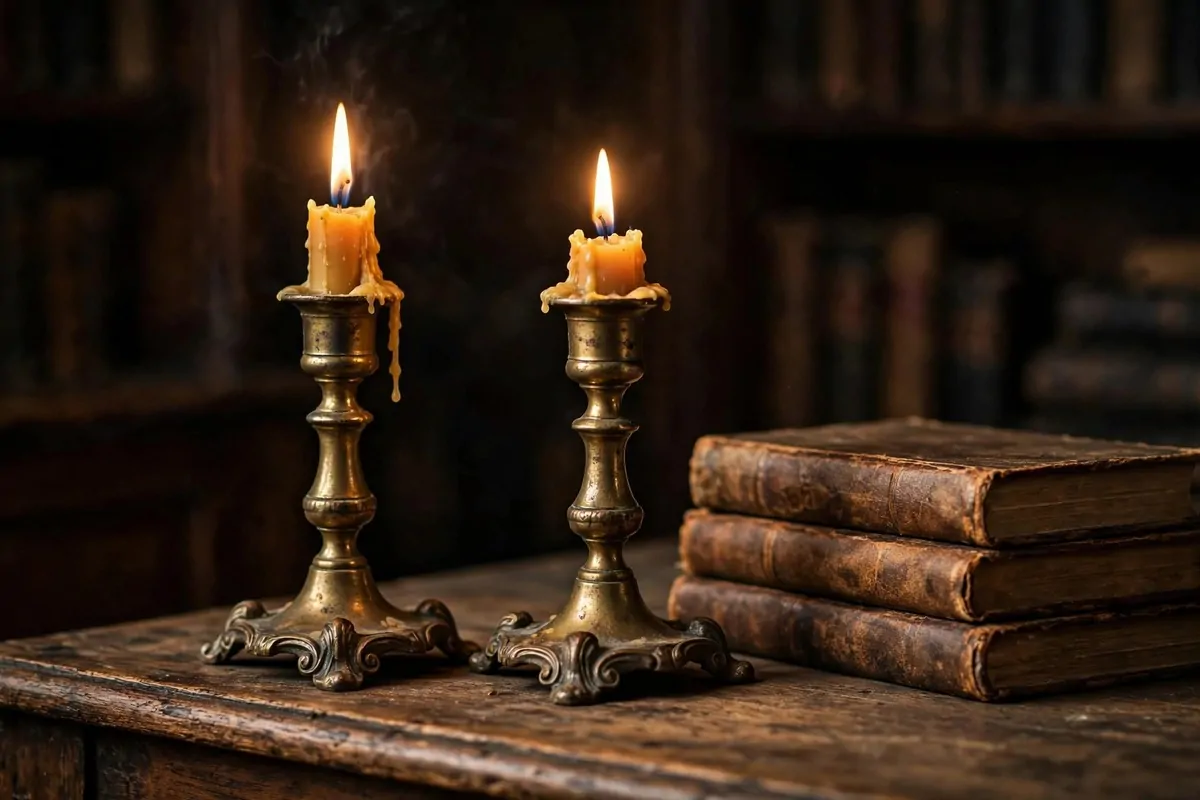 Antique brass candlesticks with lit candles on a wooden desk