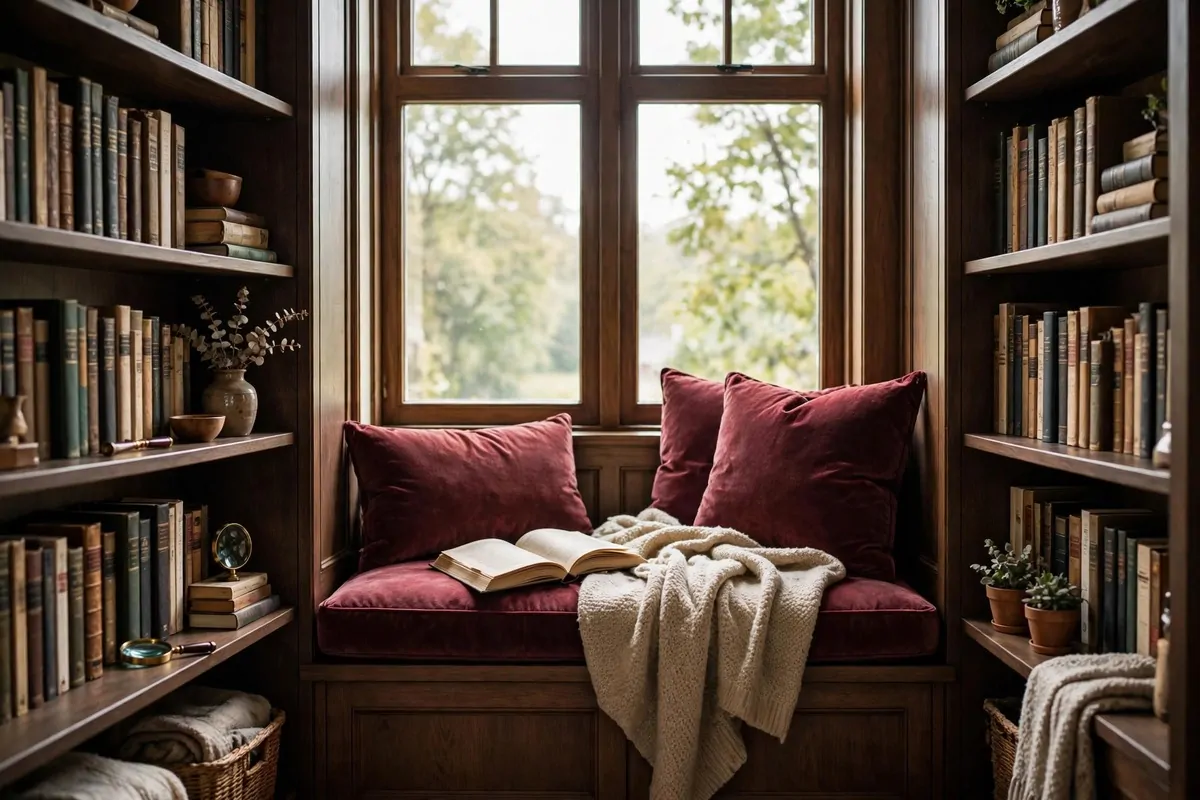 Cozy window seat reading nook with velvet cushions between bookshelves