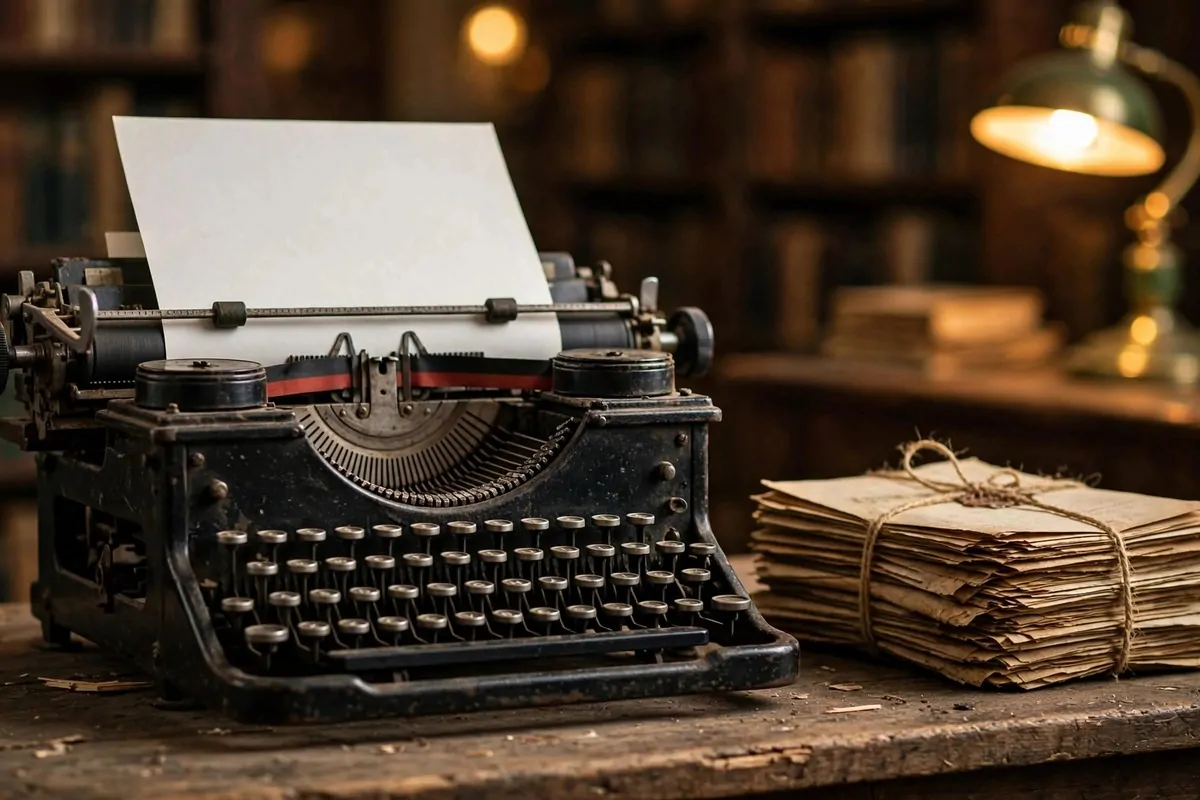 Vintage black typewriter on a wooden desk in a library room