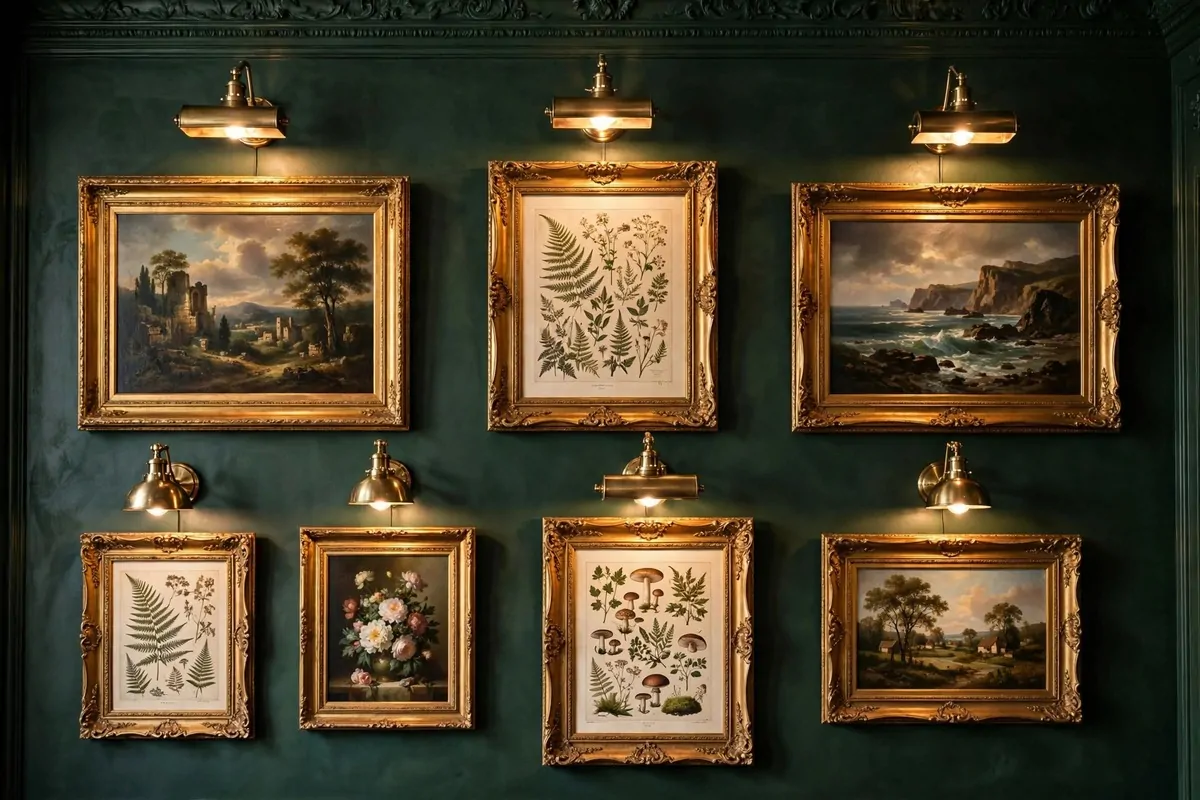 Gallery wall of oil paintings and botanical prints in ornate gold frames