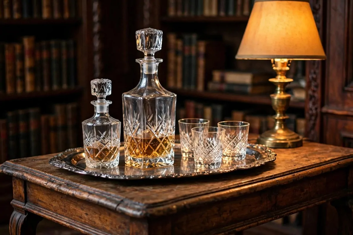 Crystal decanter set on a silver tray on an antique side table