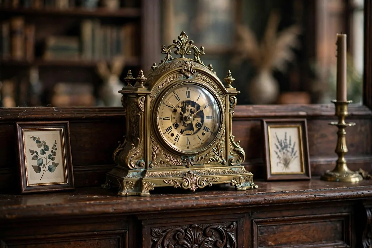 Antique brass mantel clock on a dark wooden fireplace mantel