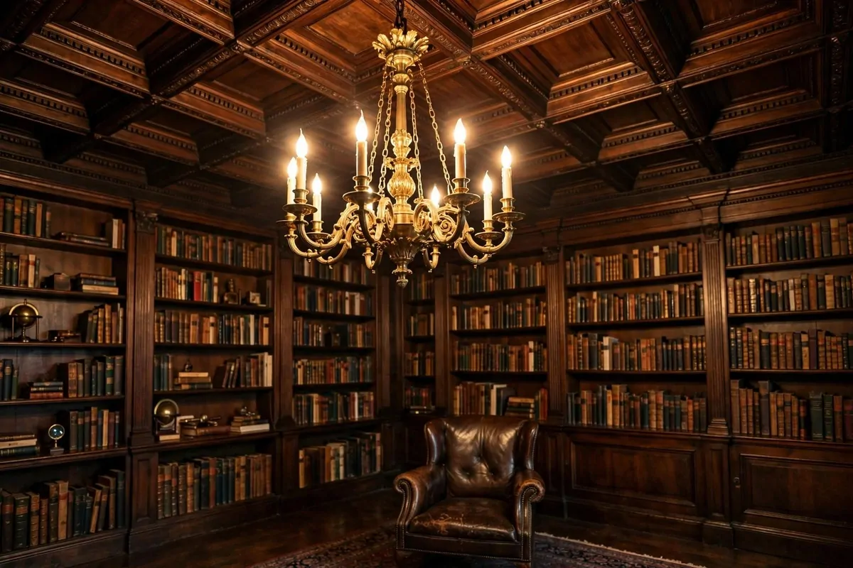 Vintage brass chandelier glowing warmly over a library reading room