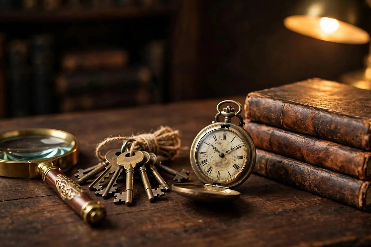 Antique brass magnifying glass, old keys and pocket watch on a library desk