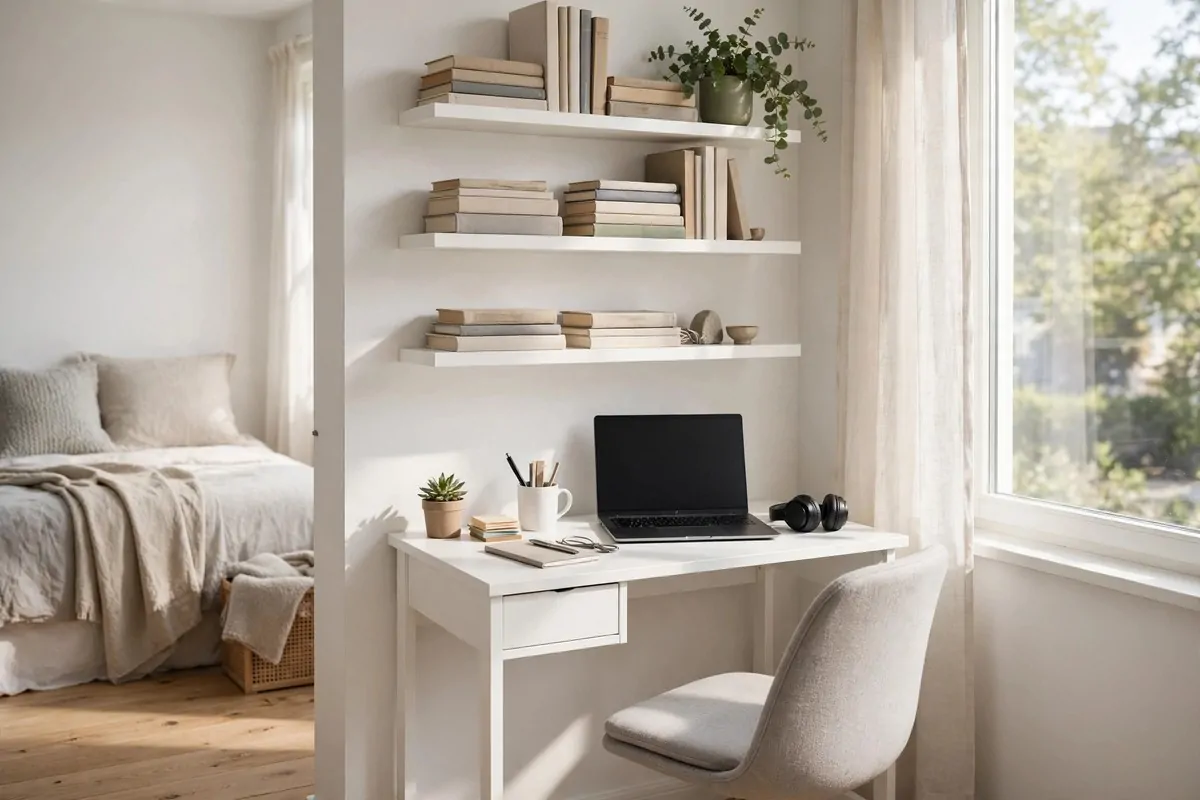 19 White Ikea Office Ideas for a Clean, Bright Space 2 White MICKE desk in a bright room corner with floating shelves above