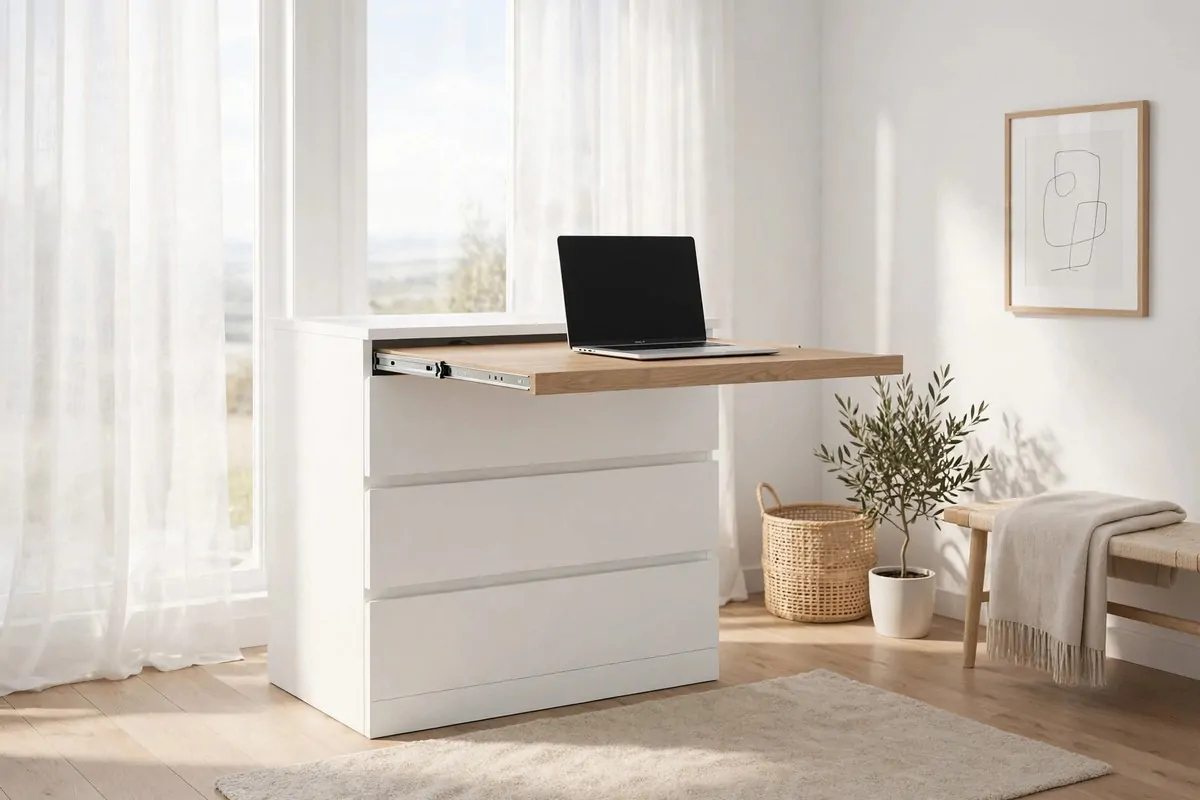 19 White Ikea Office Ideas for a Clean, Bright Space 3 White MALM chest of drawers with pull-out tray holding a laptop