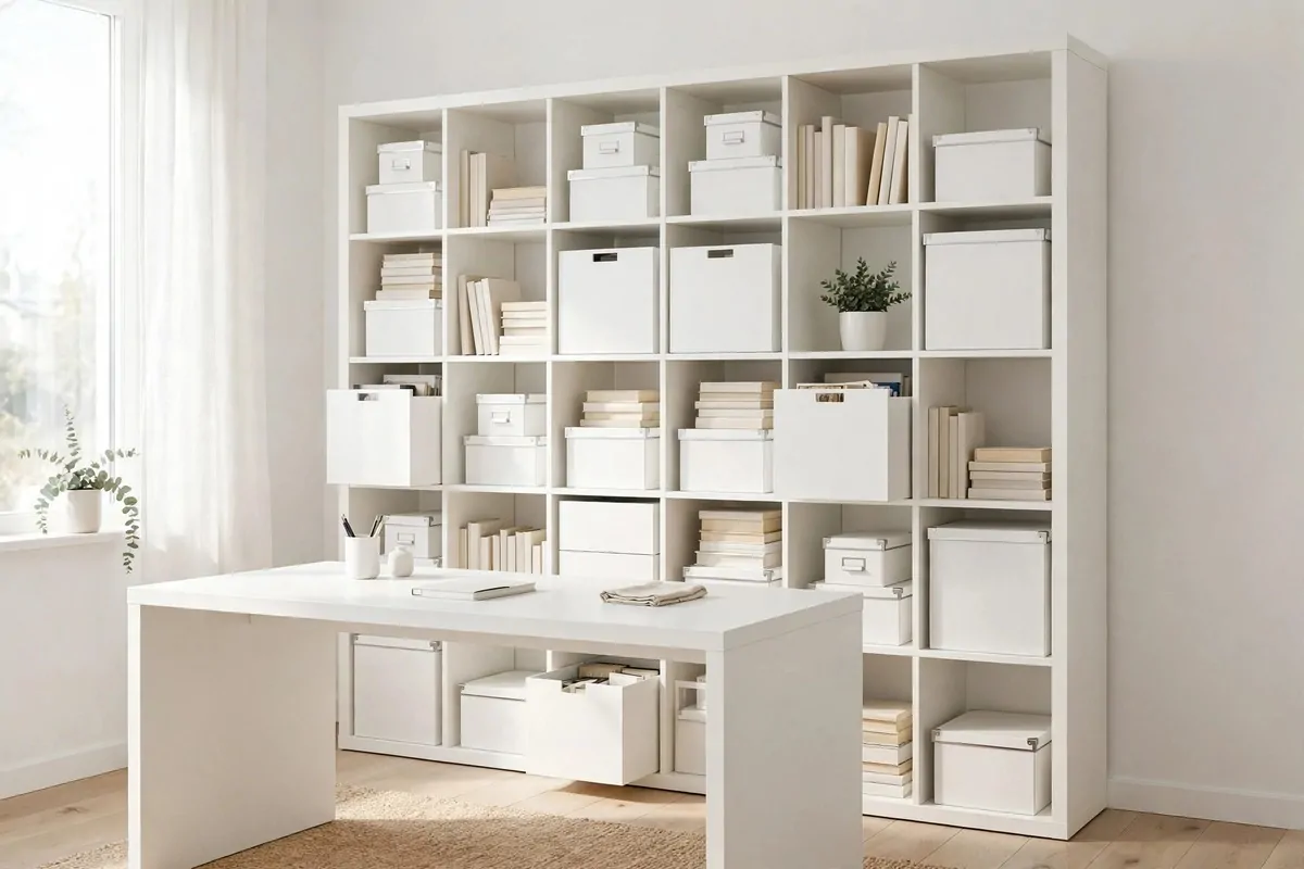 19 White Ikea Office Ideas for a Clean, Bright Space 4 White KALLAX shelving unit as office storage wall behind a white desk