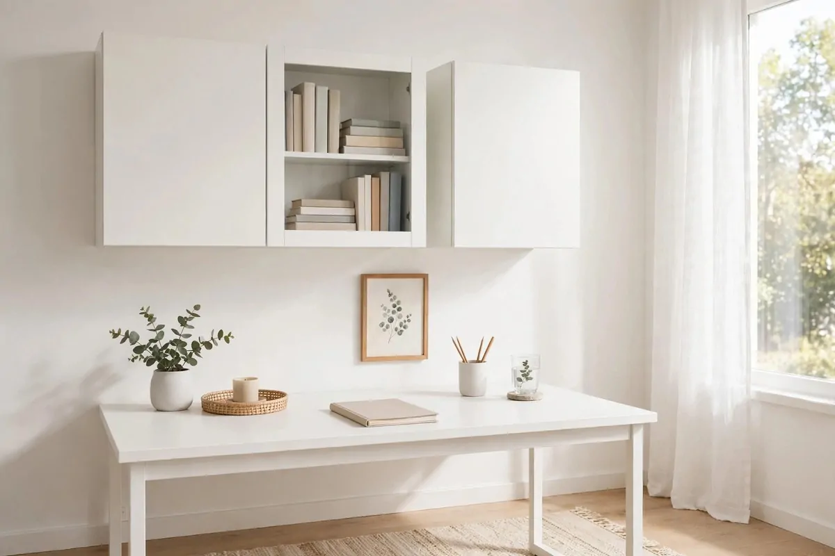 19 White Ikea Office Ideas for a Clean, Bright Space 6 White BESTA wall cabinets mounted above a white office desk