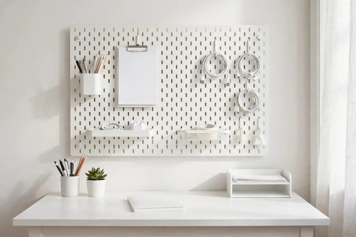 19 White Ikea Office Ideas for a Clean, Bright Space 8 White SKADIS pegboard with hooks cups and shelves holding office supplies