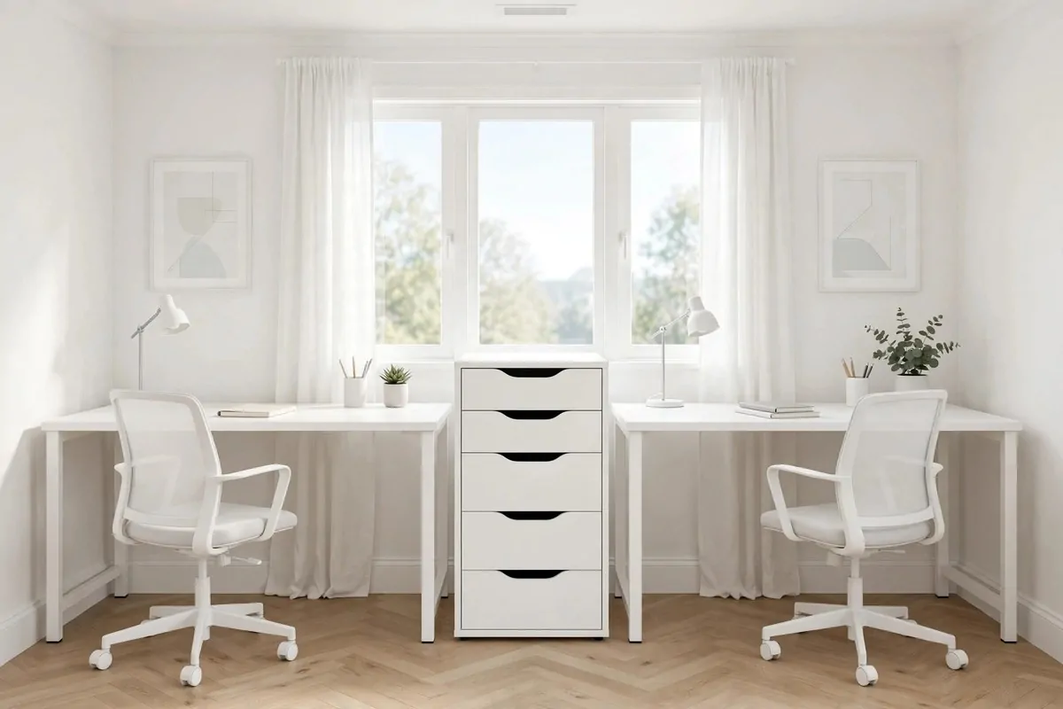 19 White Ikea Office Ideas for a Clean, Bright Space 9 Two white IKEA desks side by side for two people working in one room
