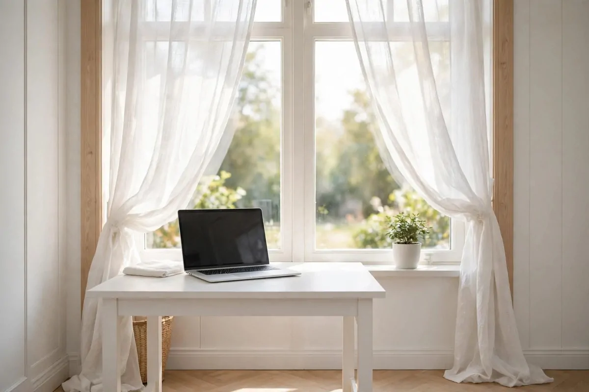 19 White Ikea Office Ideas for a Clean, Bright Space 10 White desk placed in front of a big window with sheer white curtains