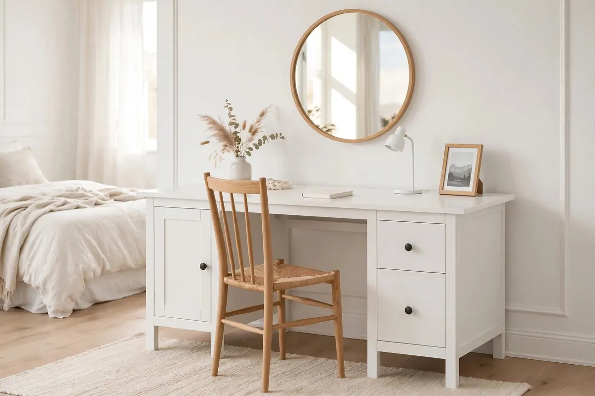 19 White Ikea Office Ideas for a Clean, Bright Space 11 White HEMNES desk with deep drawers and a round mirror above