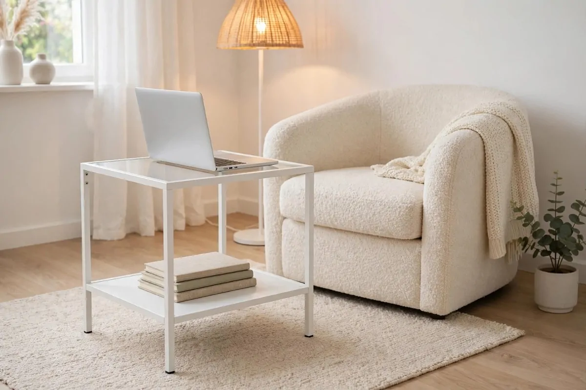 19 White Ikea Office Ideas for a Clean, Bright Space 12 Small white VITTSJO laptop table in a cozy room corner