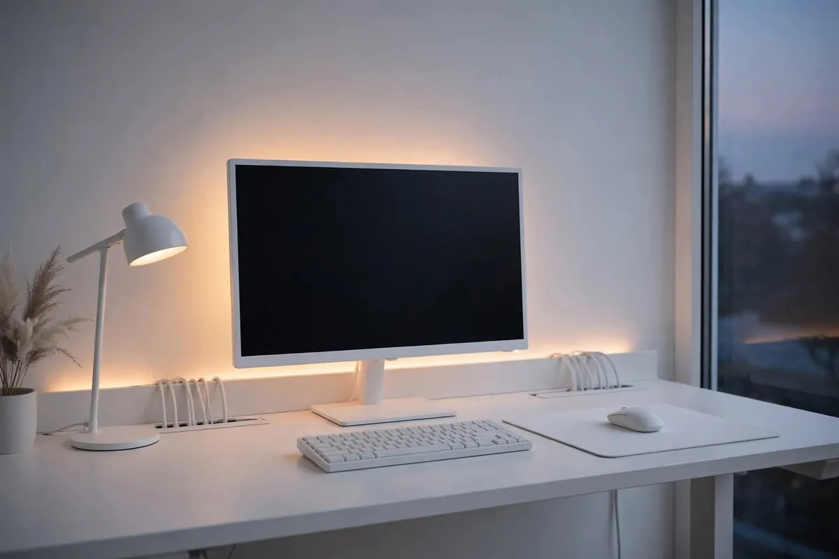 19 White Ikea Office Ideas for a Clean, Bright Space 13 All white desk setup with soft LED light glow behind the monitor
