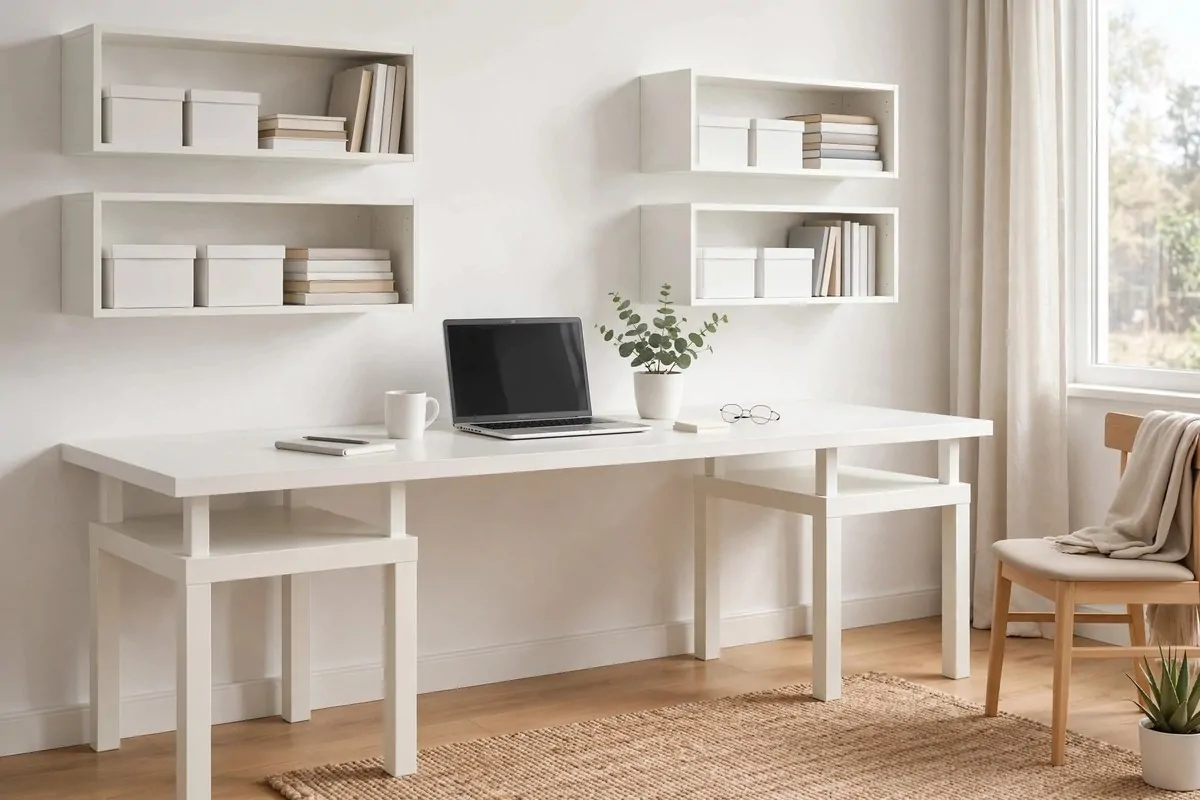 19 White Ikea Office Ideas for a Clean, Bright Space 14 Two white LACK side tables supporting a long white tabletop desk