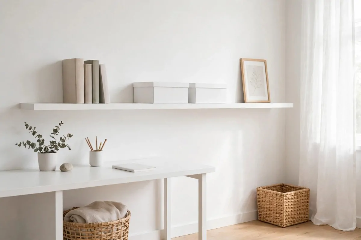 19 White Ikea Office Ideas for a Clean, Bright Space 15 White LACK floating shelves above a white desk with books and storage boxes