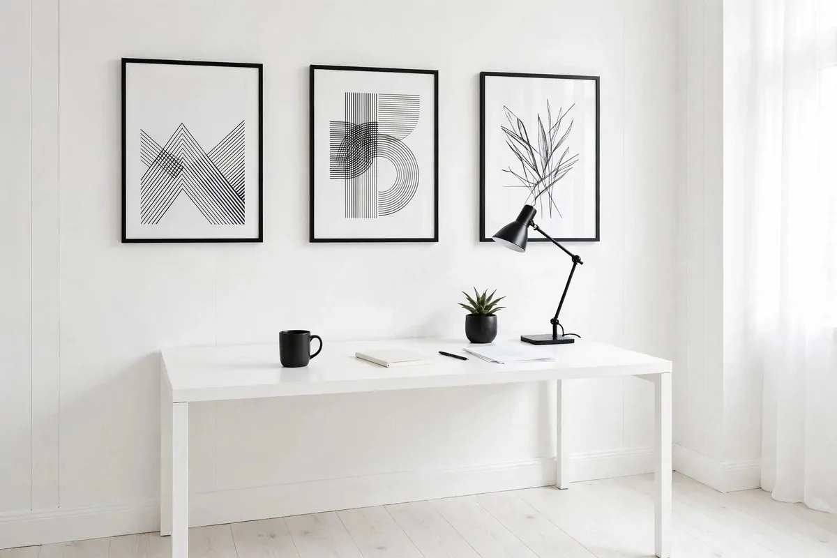 19 White Ikea Office Ideas for a Clean, Bright Space 17 White desk with black framed art prints and a black desk lamp