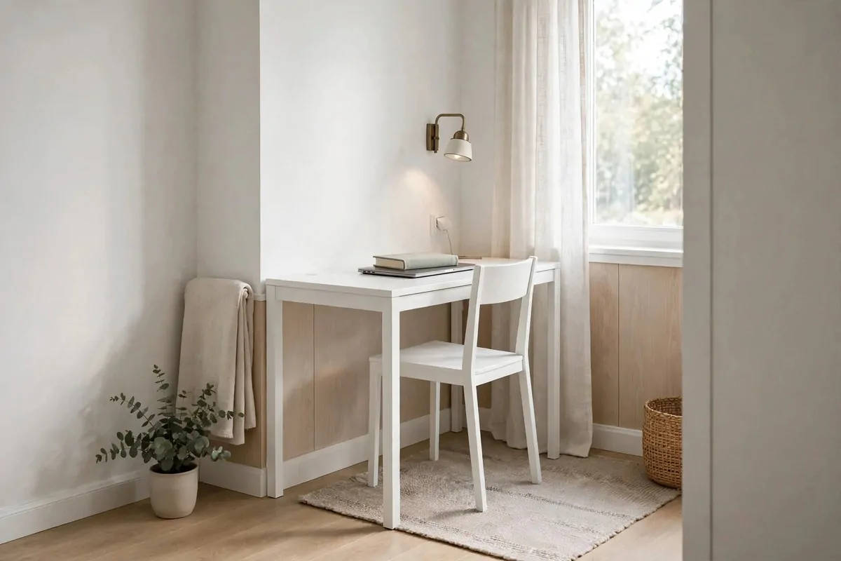 19 White Ikea Office Ideas for a Clean, Bright Space 18 White desk tucked into a bedroom corner nook with a slim chair