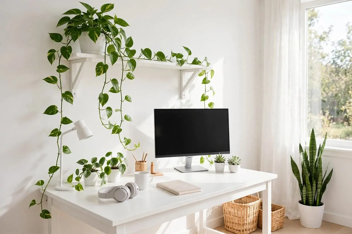 19 White Ikea Office Ideas for a Clean, Bright Space 19 White IKEA desk styled with green plants in white pots