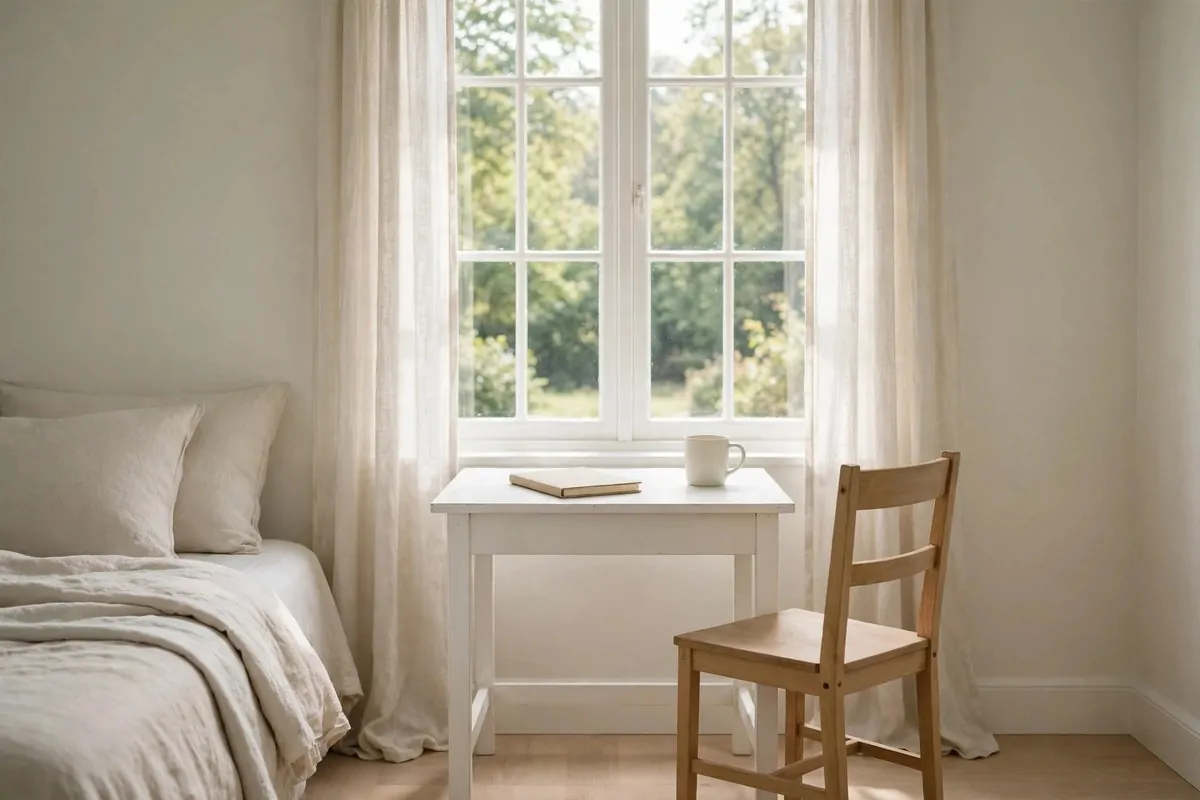 19 Work Space in Bedroom Ideas That Actually Feel Calm 1 A small white desk in a pale bedroom facing a bright window, plain chair, notebook and mug, soft morning light, calm