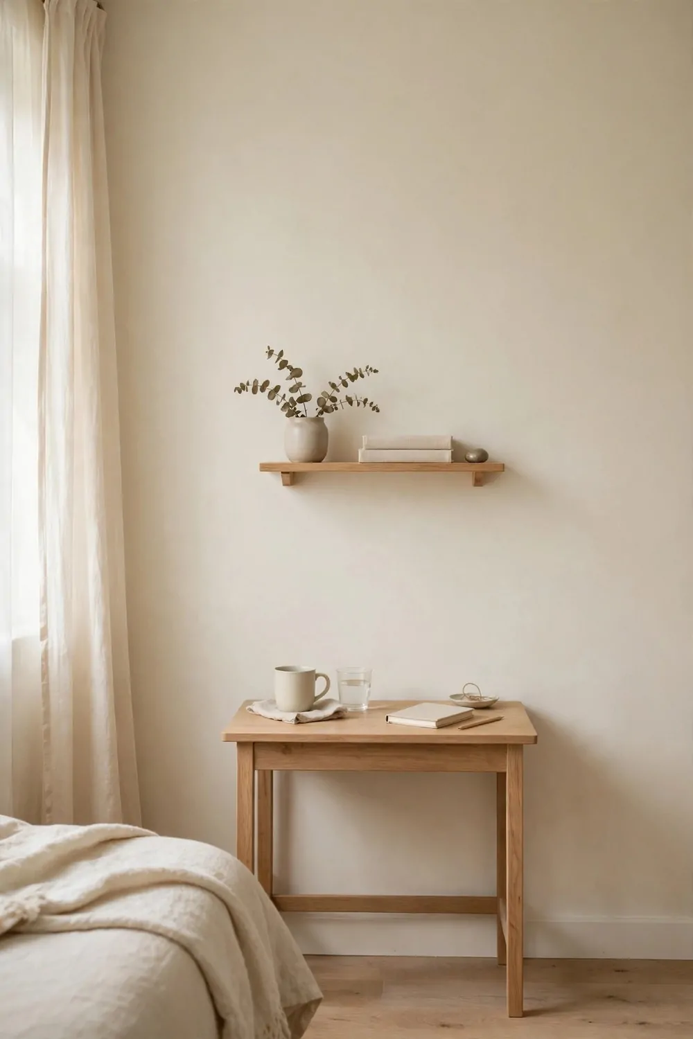 19 Work Space in Bedroom Ideas That Actually Feel Calm 2 A plain pale wall behind a small desk in a bedroom, soft cream colour, one small shelf, gentle light, calm