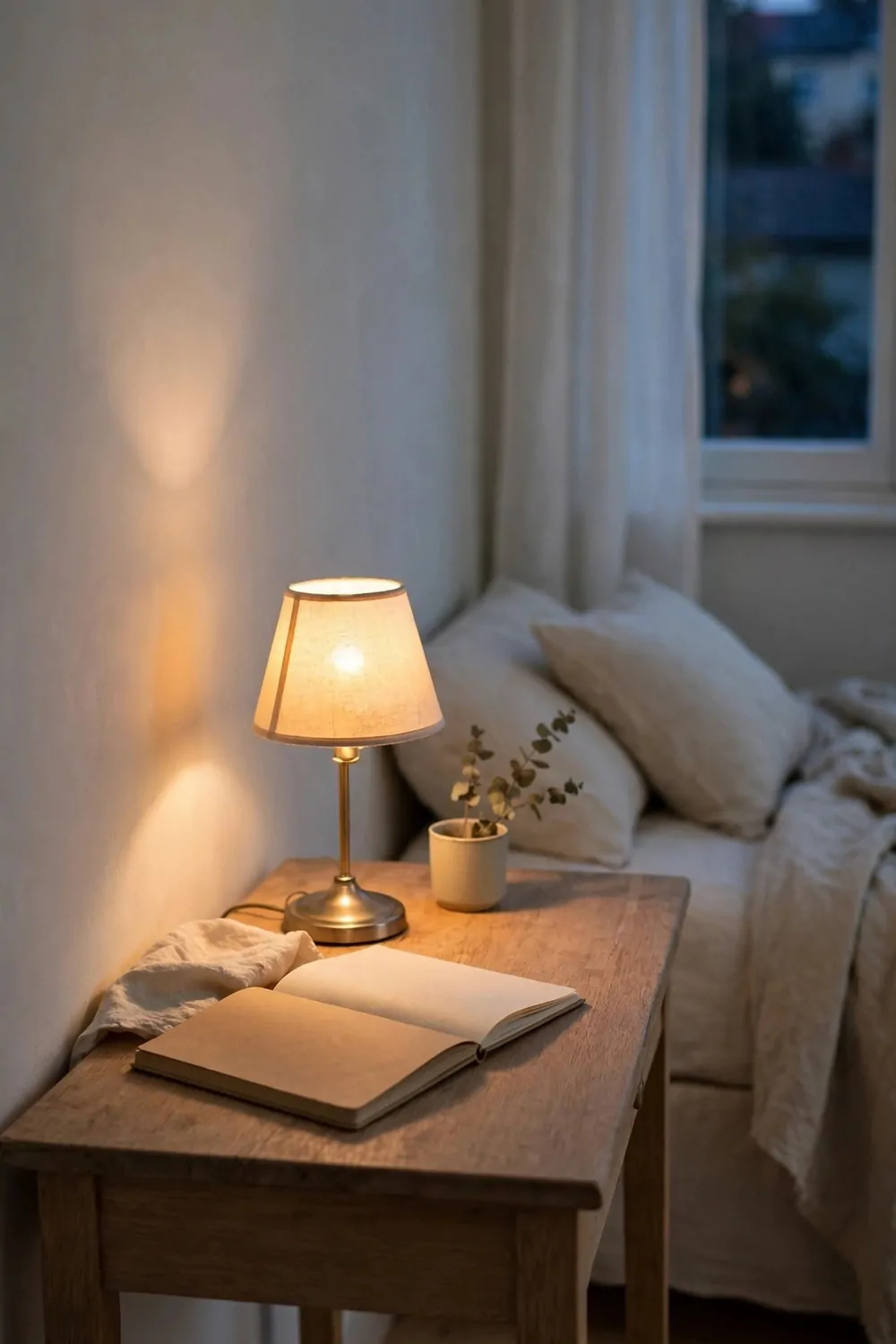 19 Work Space in Bedroom Ideas That Actually Feel Calm 3 A small desk lamp with a soft warm glow on a desk in a pale bedroom, notebook beside it, gentle light, calm evening