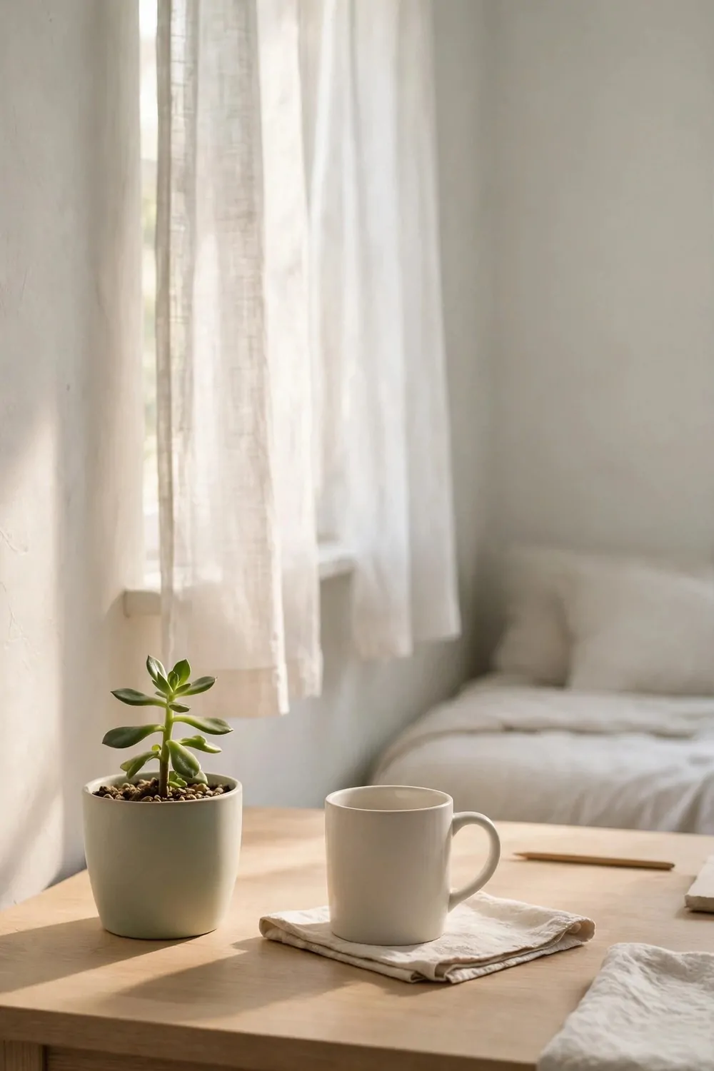 19 Work Space in Bedroom Ideas That Actually Feel Calm 5 A small green plant and a plain ceramic mug on a tidy desk in a pale bedroom, soft morning light
