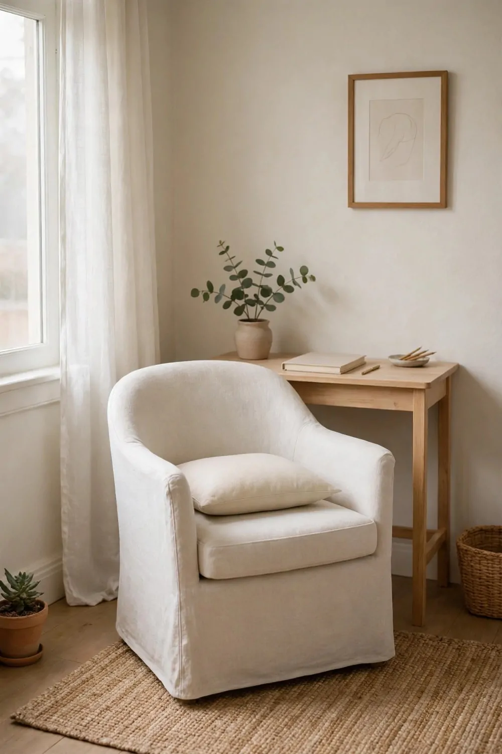 19 Work Space in Bedroom Ideas That Actually Feel Calm 6 A simple soft chair with a plain pale cushion at a small desk in a bedroom, tidy, soft light
