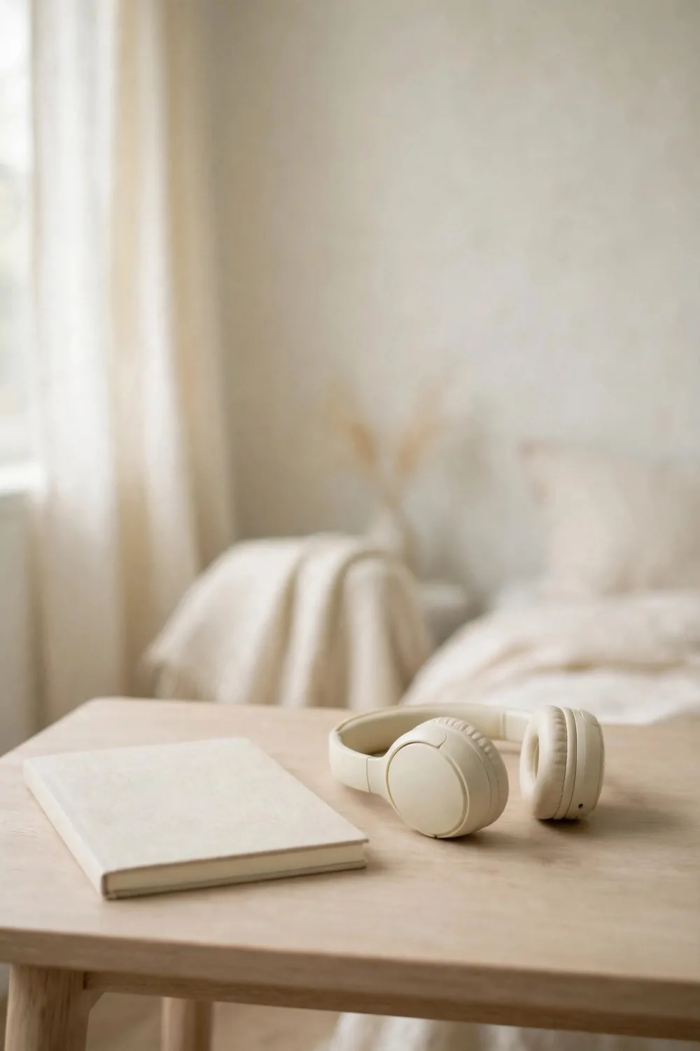 19 Work Space in Bedroom Ideas That Actually Feel Calm 7 A small pair of plain headphones resting on a desk in a quiet pale bedroom office, notebook beside, soft light