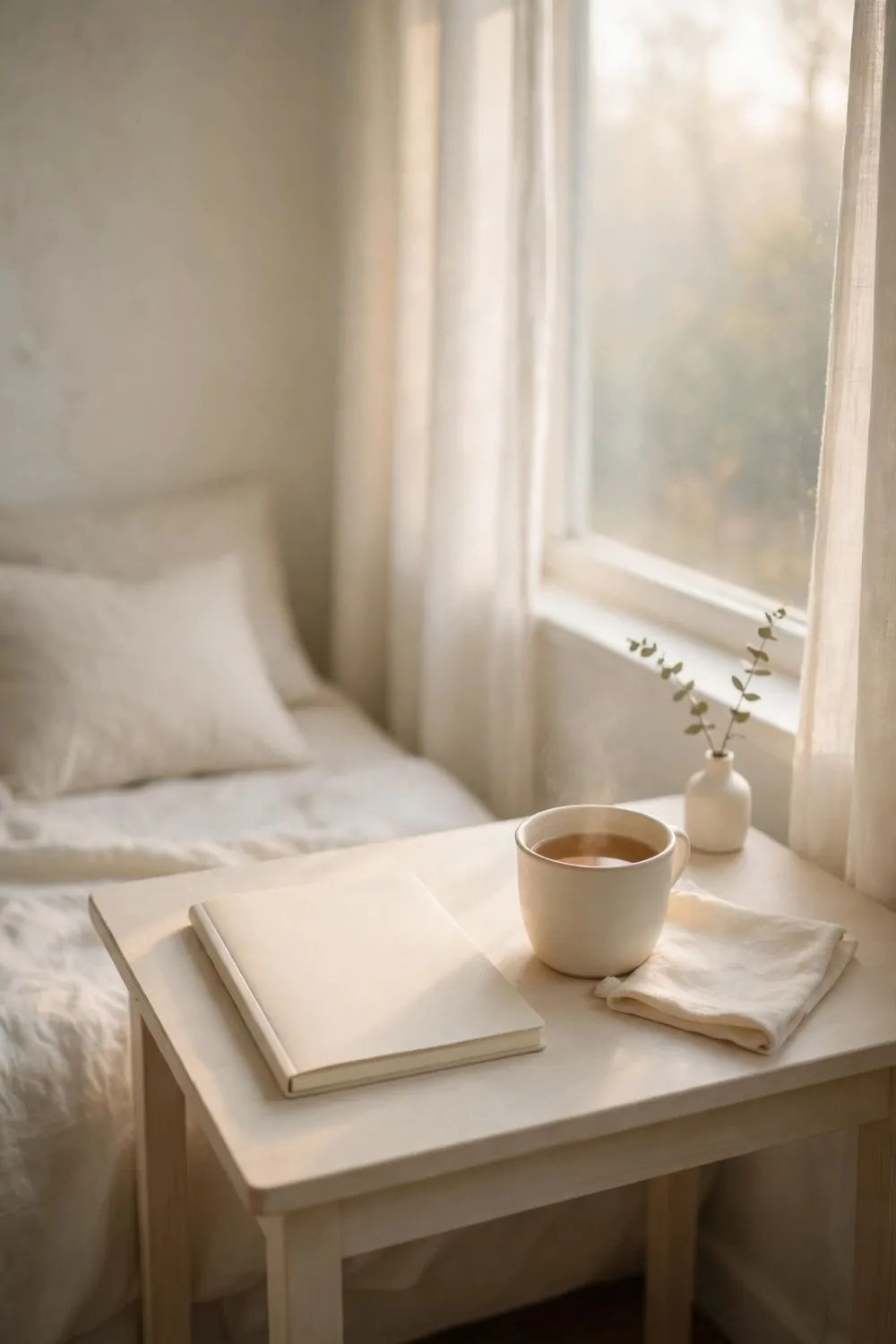 19 Work Space in Bedroom Ideas That Actually Feel Calm 8 A plain notebook and a cup of tea on a small desk in a bedroom in the early morning, soft light through a window