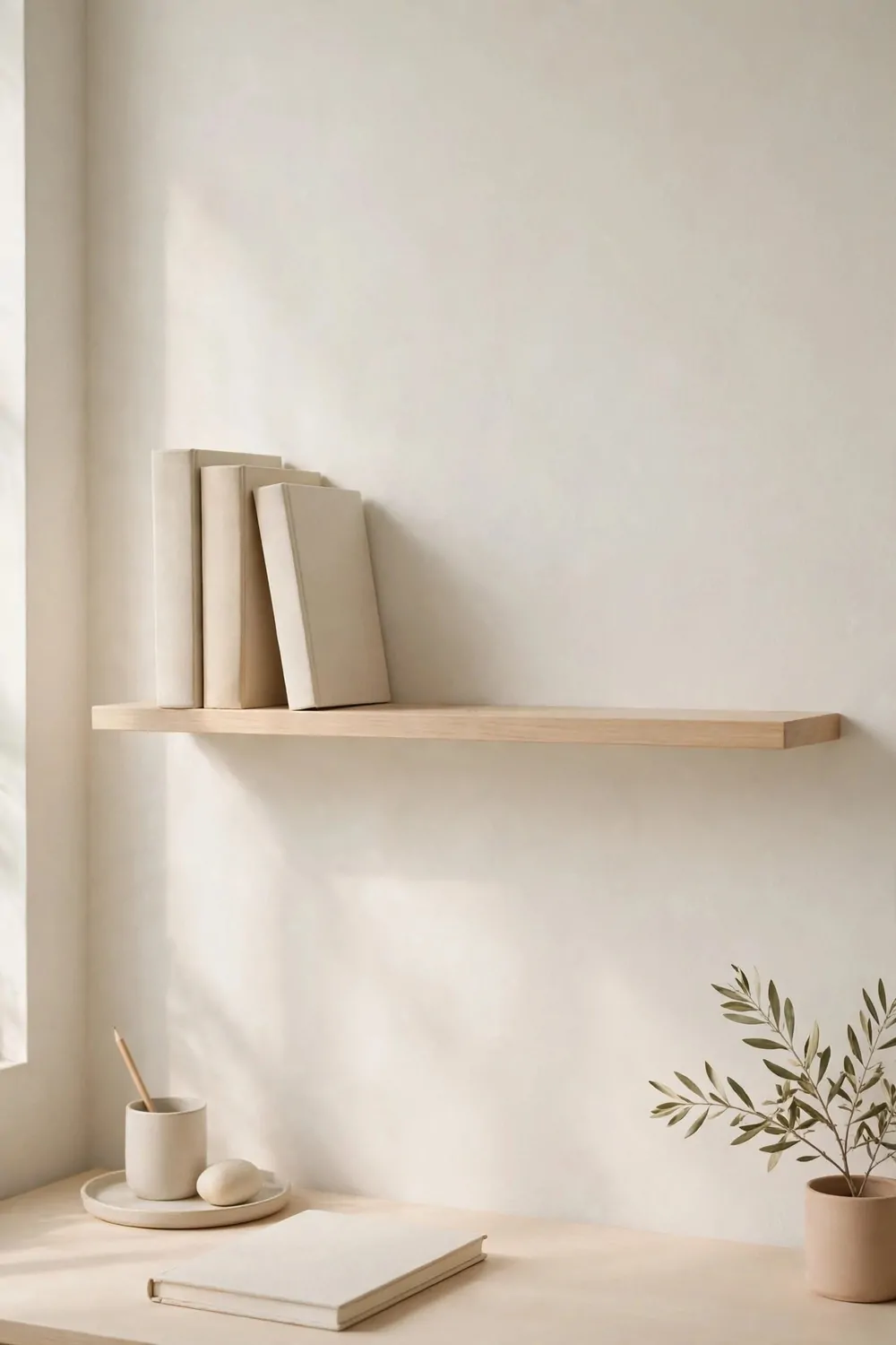 19 Work Space in Bedroom Ideas That Actually Feel Calm 9 A plain shelf with a few books and empty space on a pale wall in a bedroom office, tidy, soft light
