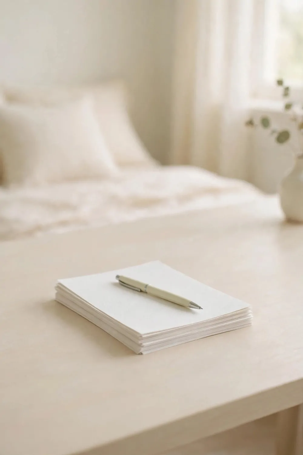 19 Work Space in Bedroom Ideas That Actually Feel Calm 10 A small stack of plain paper and a pen on a tidy desk in a pale bedroom office, soft light
