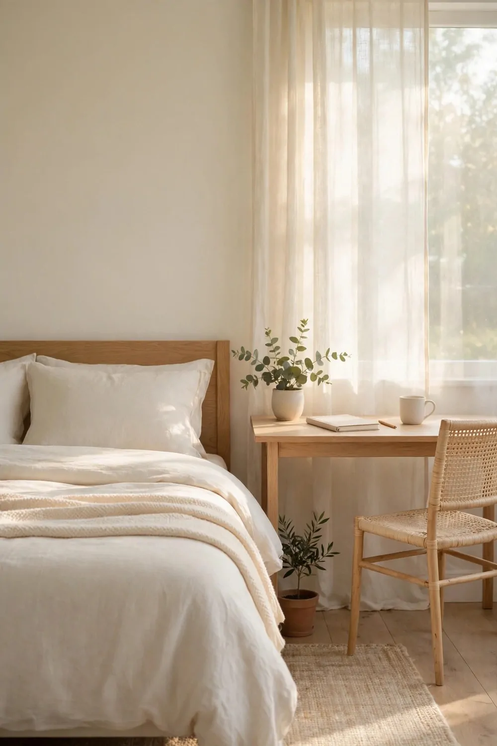 19 Work Space in Bedroom Ideas That Actually Feel Calm 11 A bed with plain pale bedding in a calm bedroom, small desk beside it, soft morning light