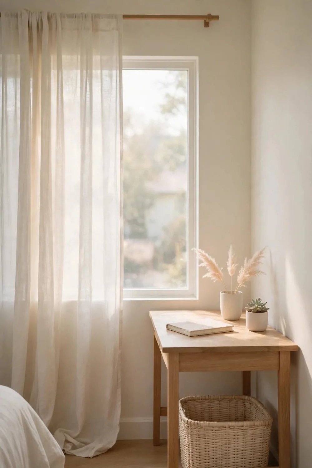 19 Work Space in Bedroom Ideas That Actually Feel Calm 12 Soft pale curtains on a bedroom window, small desk beside them, gentle daylight, calm