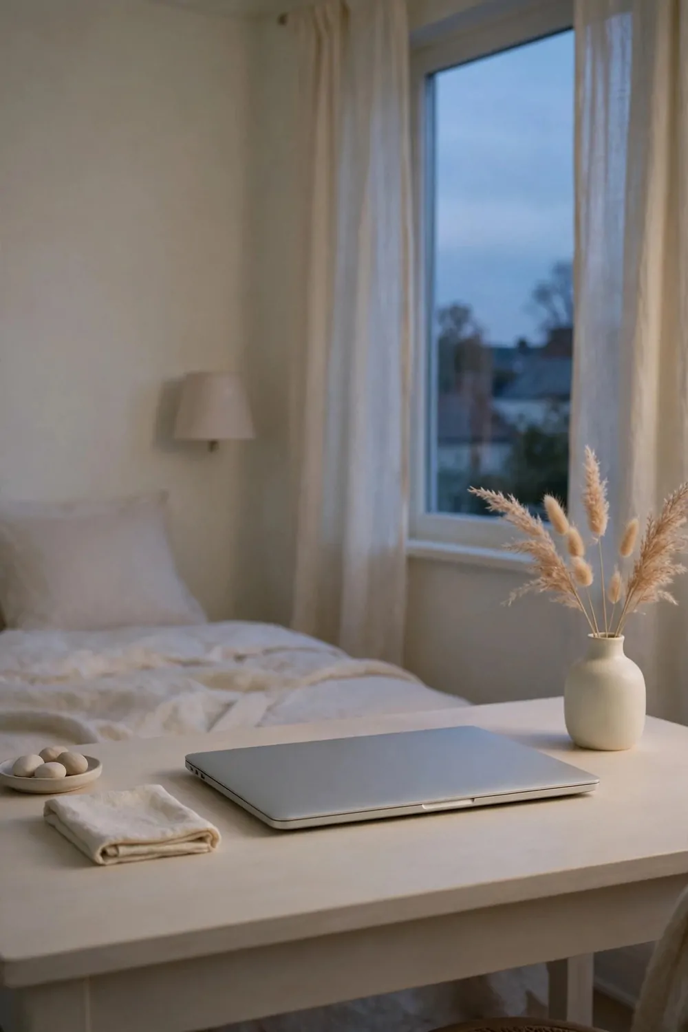 19 Work Space in Bedroom Ideas That Actually Feel Calm 13 A closed laptop on a tidy desk in a pale bedroom at dusk, lamp off, calm evening light
