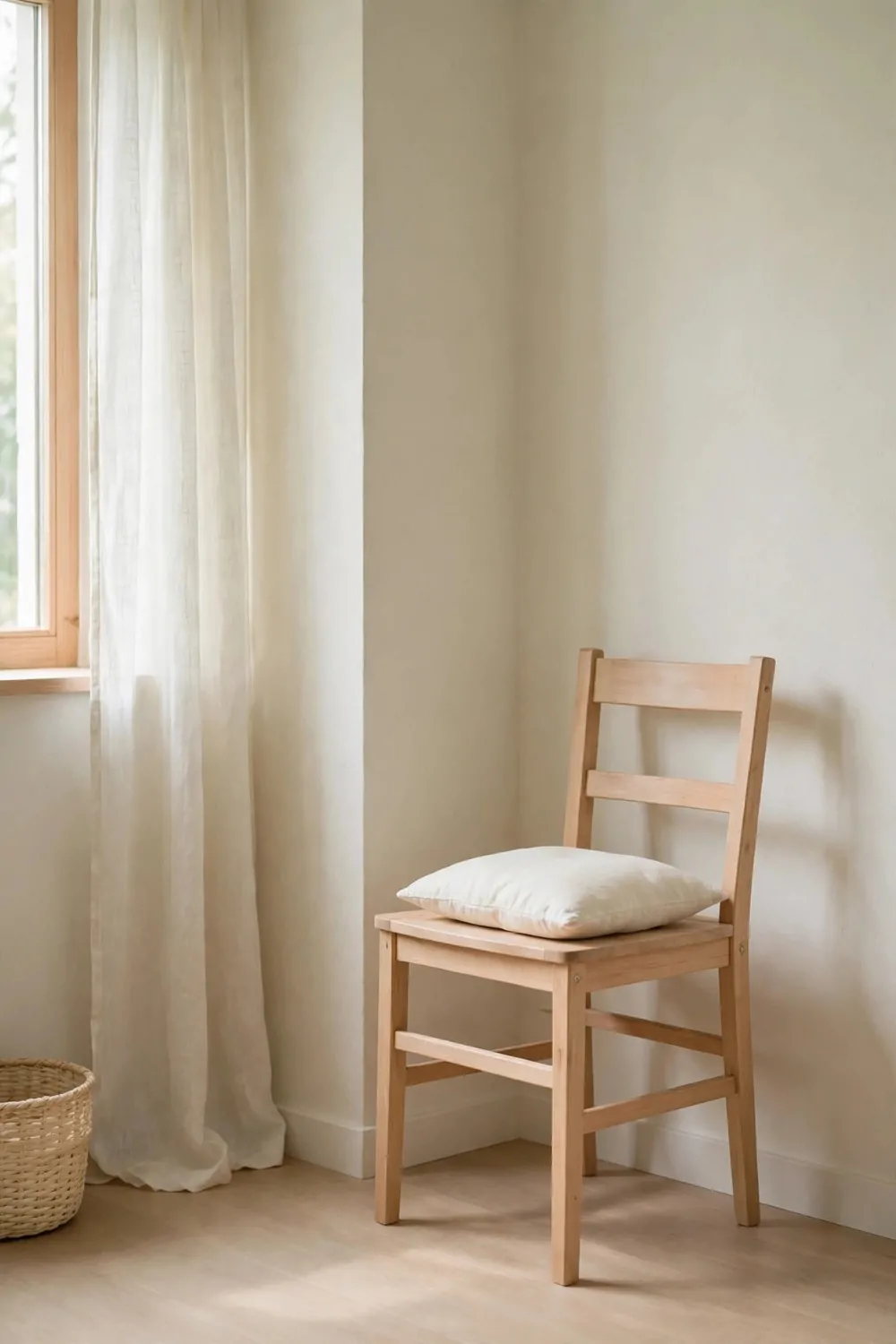 19 Work Space in Bedroom Ideas That Actually Feel Calm 14 A small quiet corner in a pale bedroom with a plain chair and a small cushion, soft light, calm