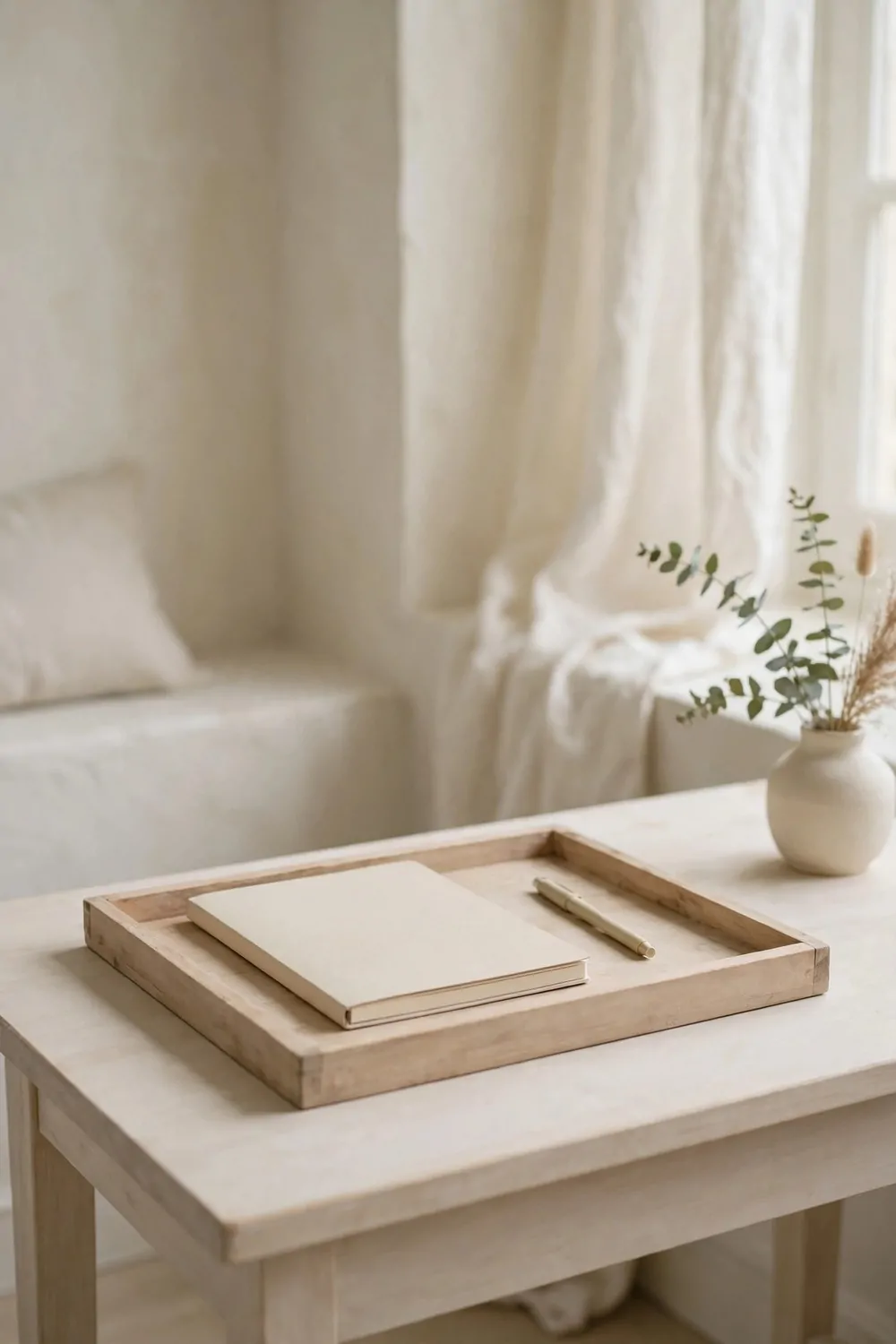 19 Work Space in Bedroom Ideas That Actually Feel Calm 15 A plain wood tray with a notebook and pen on a small desk in a pale bedroom office, tidy, soft light