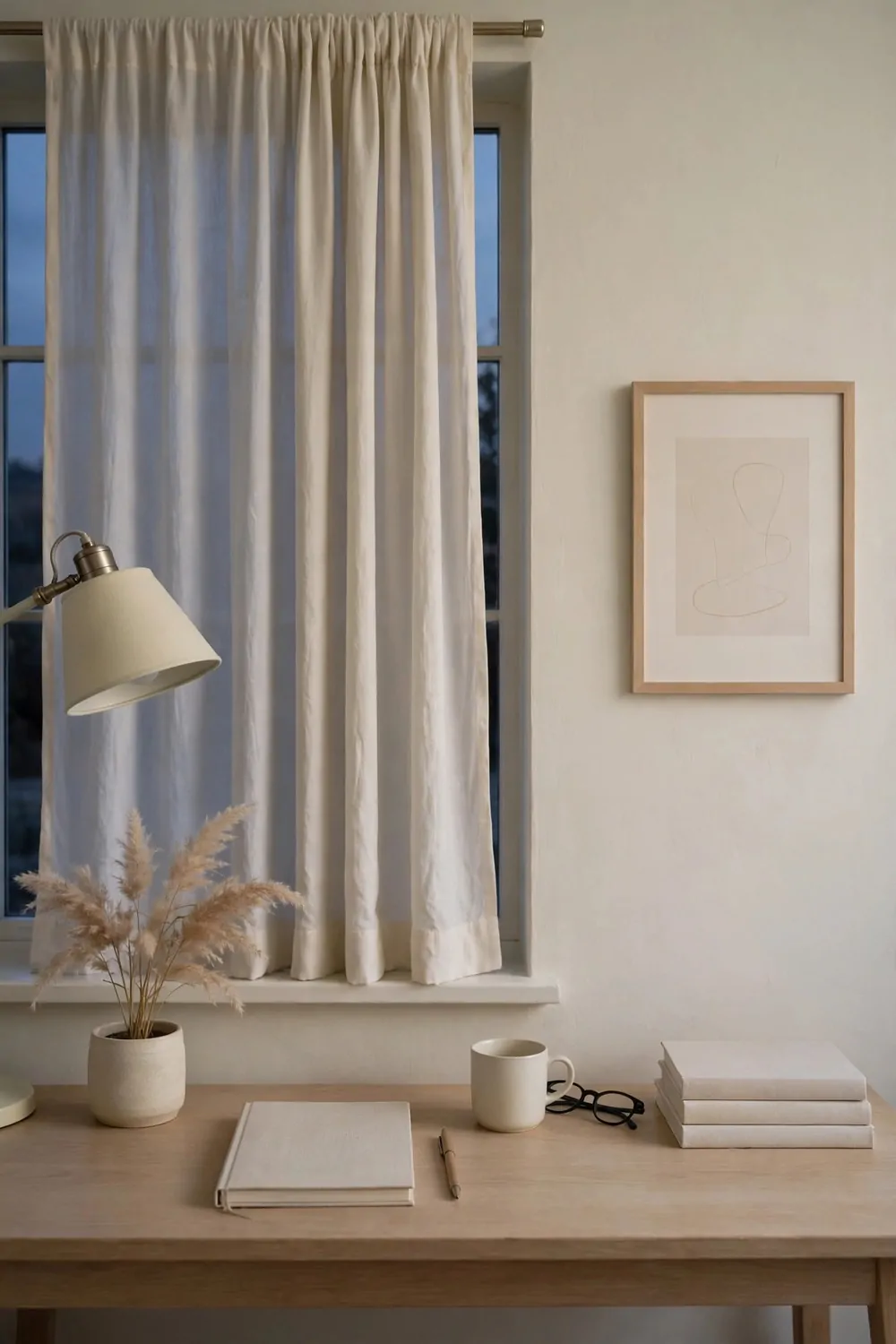 19 Work Space in Bedroom Ideas That Actually Feel Calm 16 A tidy desk in a pale bedroom at dusk, everything in its place, lamp off, curtain drawn, calm