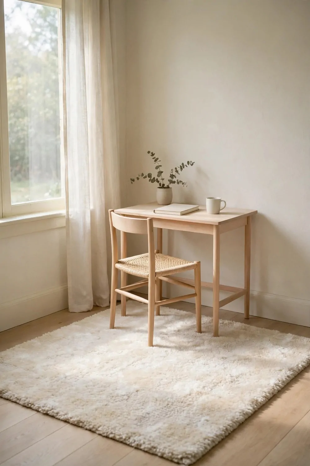 19 Work Space in Bedroom Ideas That Actually Feel Calm 17 A soft pale rug under a small desk and chair in a bedroom, morning light, calm